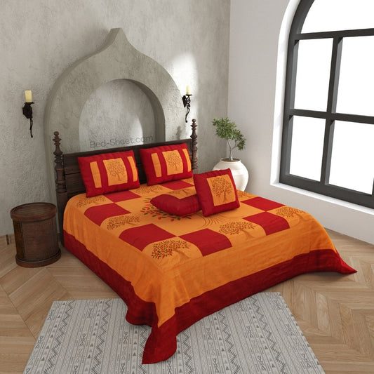 Orange Base Silk Bedsheet Featuring Maroon Patchwork and Fine Machine Embroidery