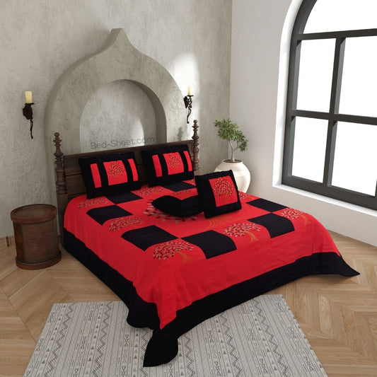 Red Base Silk Bedsheet with Bold Black Patchwork and Machine Embroidery