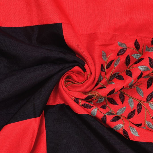 Red Base Silk Bedsheet with Bold Black Patchwork and Machine Embroidery