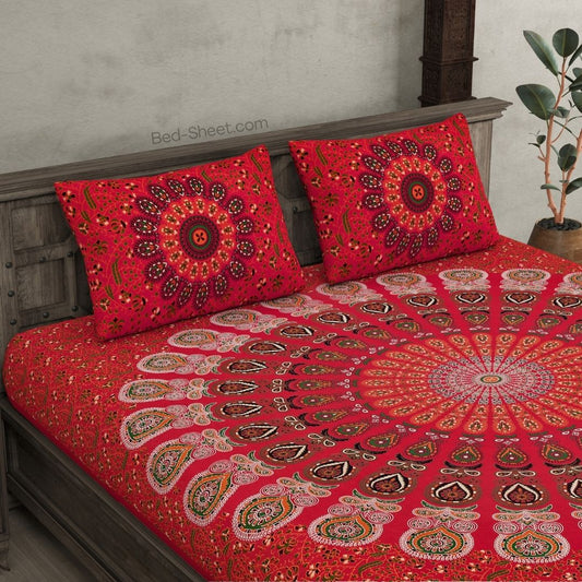 Red Mandala Tapestry Cotton Double Bedsheet with Pillow Covers