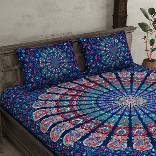 Blue Mandala Tapestry Cotton Double Bedsheet with Pillow Covers