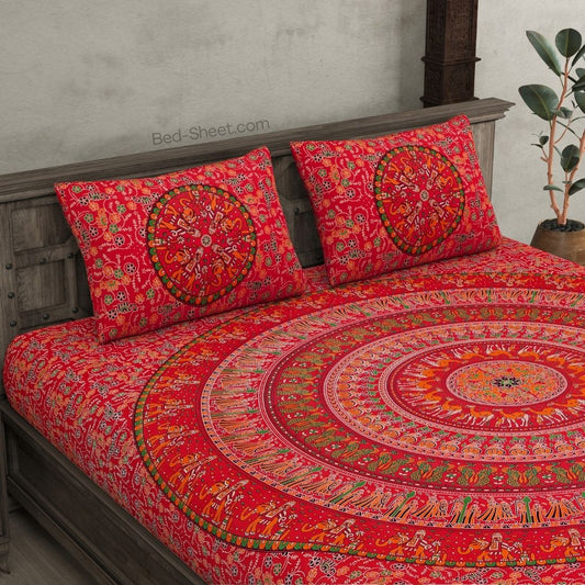 Ruby Red Floral Mandala Tapestry Bedsheet with Pillow Covers