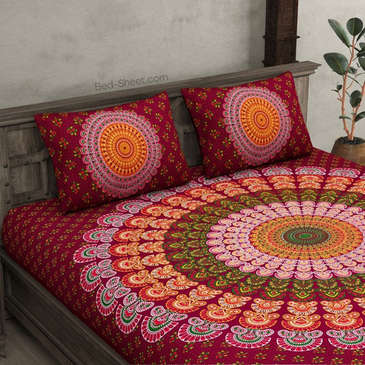 Crimson Red Floral Mandala Design Bedsheet with Pillow Covers