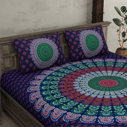 Indigo Blue Floral Mandala Design Cotton Bedsheet with Pillow Covers