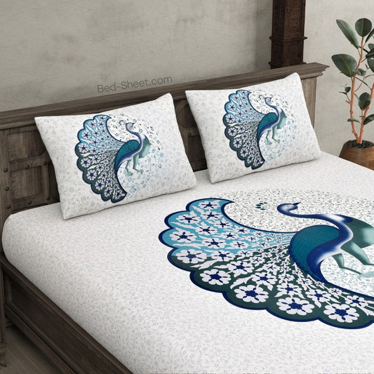 Twill Cotton Dancing Peacock Design Blue Double Bedsheet