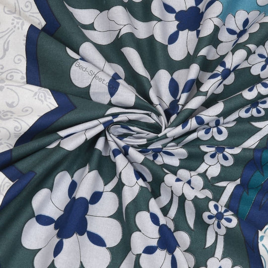 Twill Cotton Dancing Peacock Design Blue Double Bedsheet