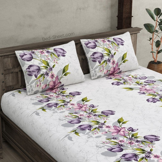 Twill Cotton Double Bedsheet in Lilac Purple with Floral Motif