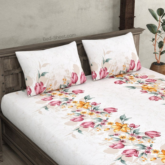 Twill Cotton Fuchsia Pink Floral Design Double Bedsheet