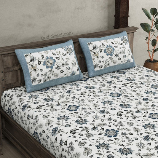 Pure Cotton 240 TC Double Bedsheet with Floral Pattern in Blue