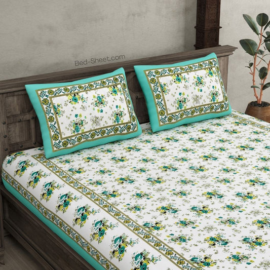 Refreshing Sea Green Floral Double Bed Sheet