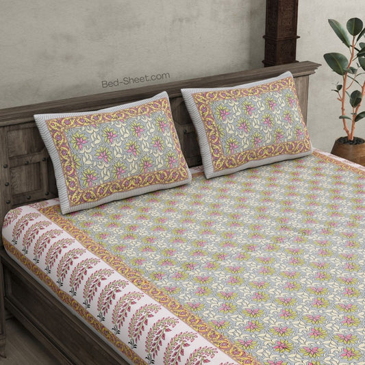 Multicolored Lotus Printed Double Bed Sheet