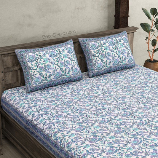 Blue Flower Print Double Bedsheet