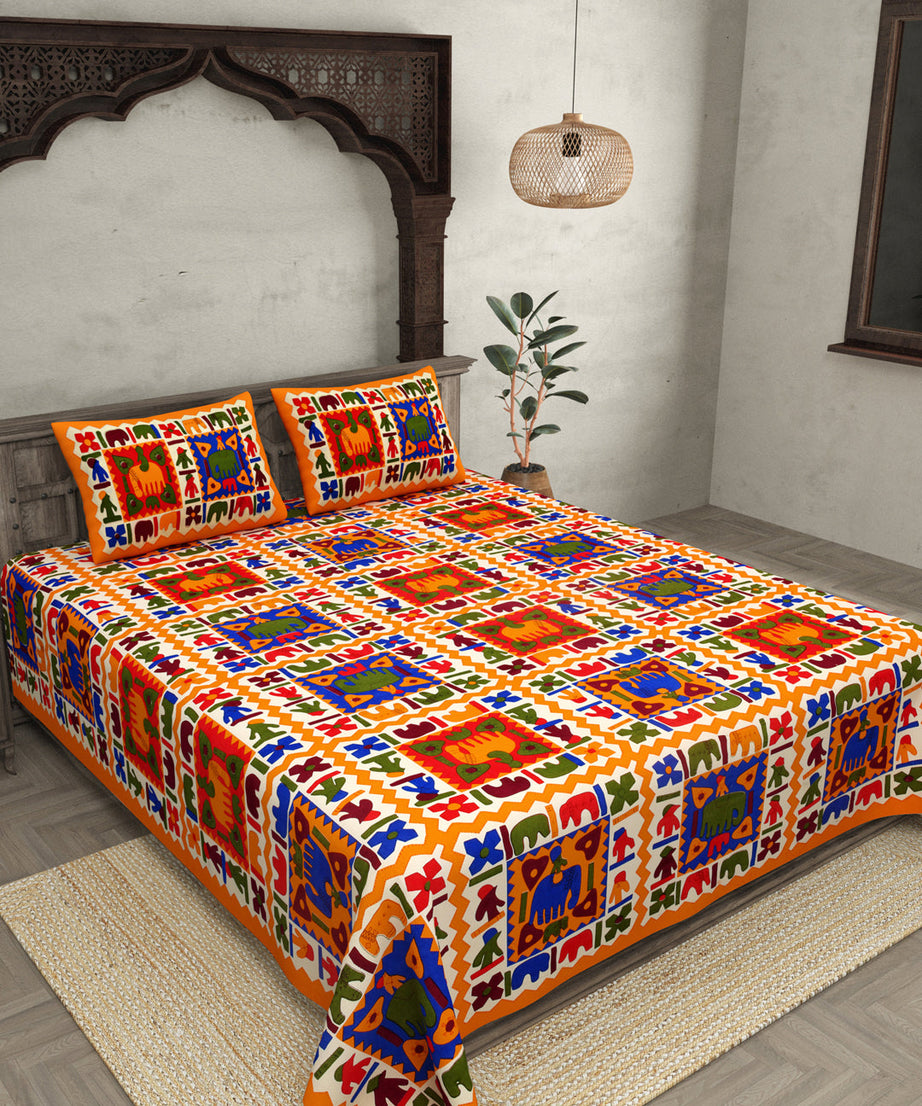 Yellow Border Elephant Pattern Screen Print Double Bed Sheet