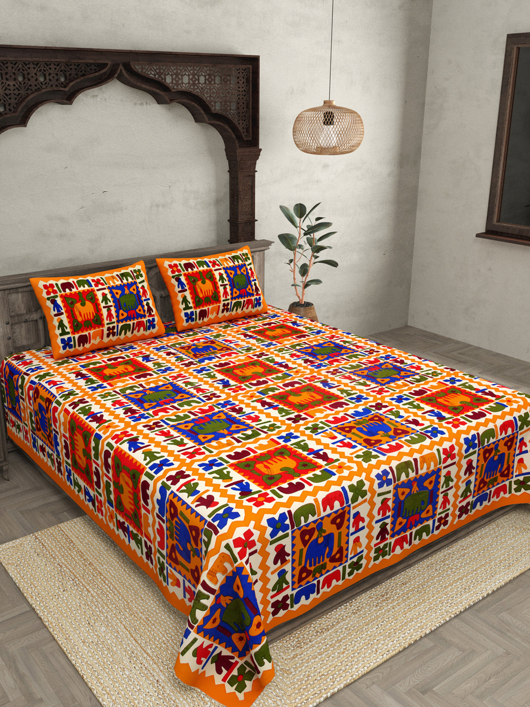 Yellow Border Elephant Pattern Screen Print Double Bed Sheet