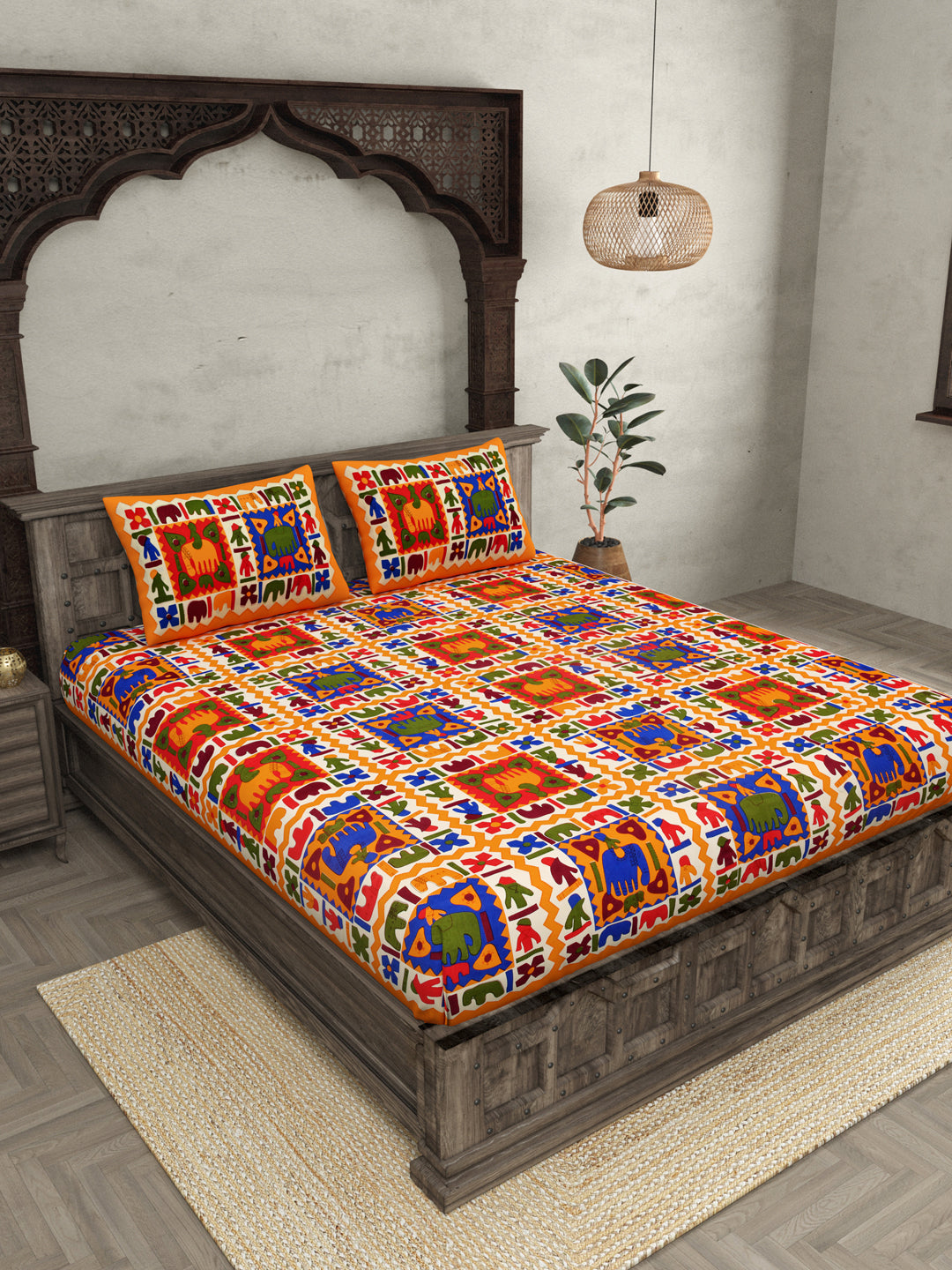 Yellow Border Elephant Pattern Screen Print Double Bed Sheet