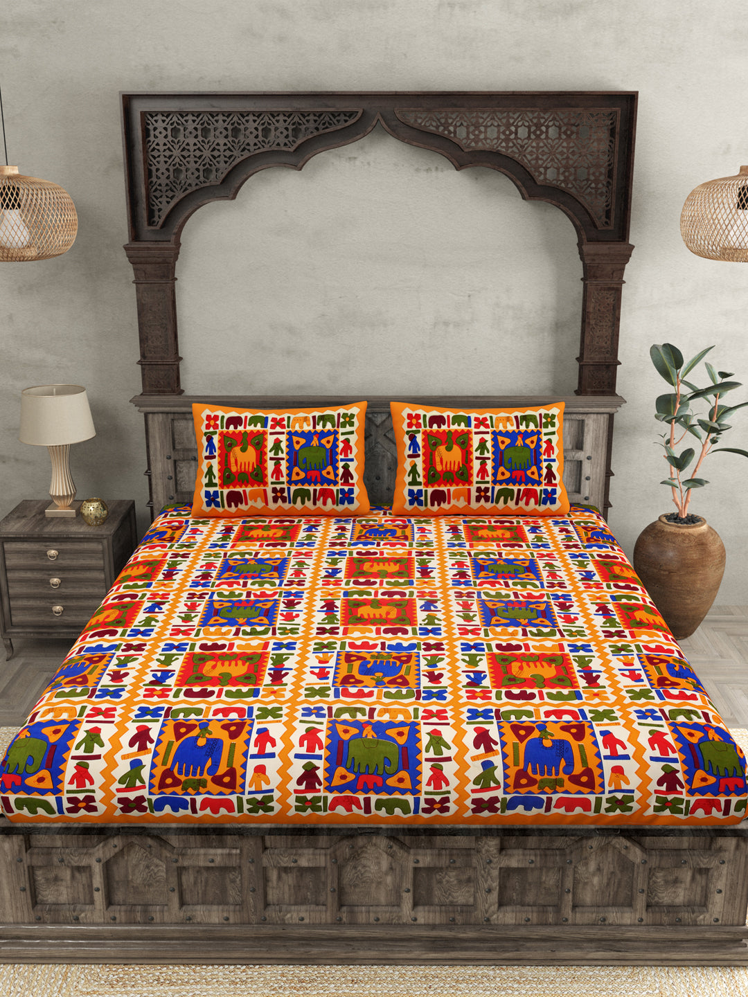 Yellow Border Elephant Pattern Screen Print Double Bed Sheet