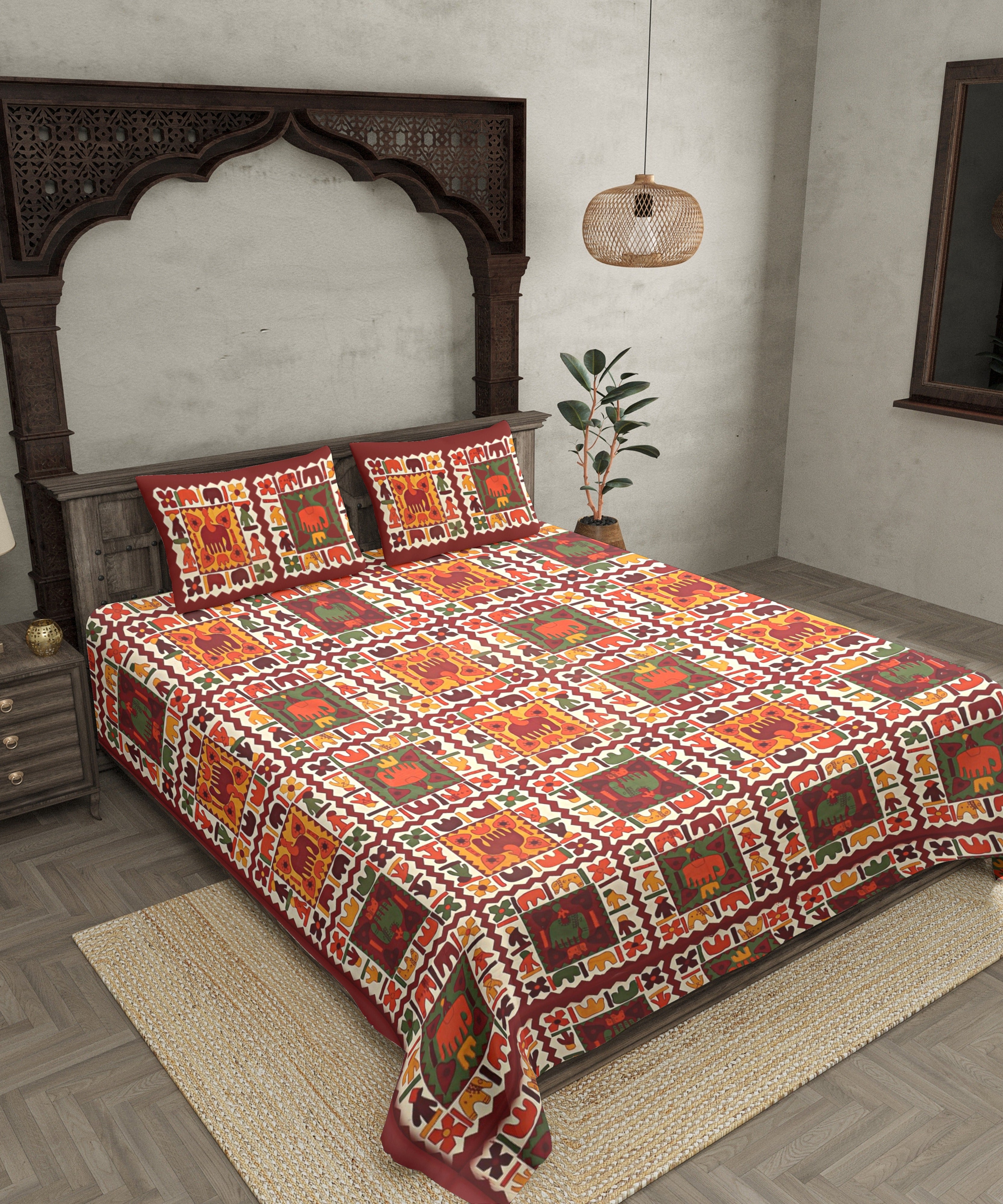 Maroon Border Elephant Pattern Screen Print Double Bed Sheet