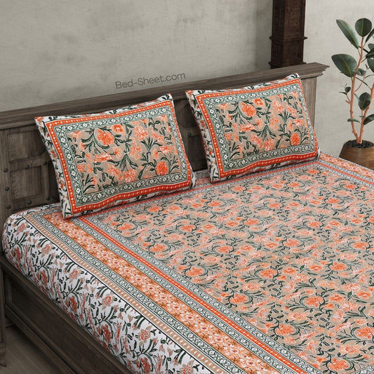 Warm Brown and Cream Leaves Pattern Double Bed Sheet