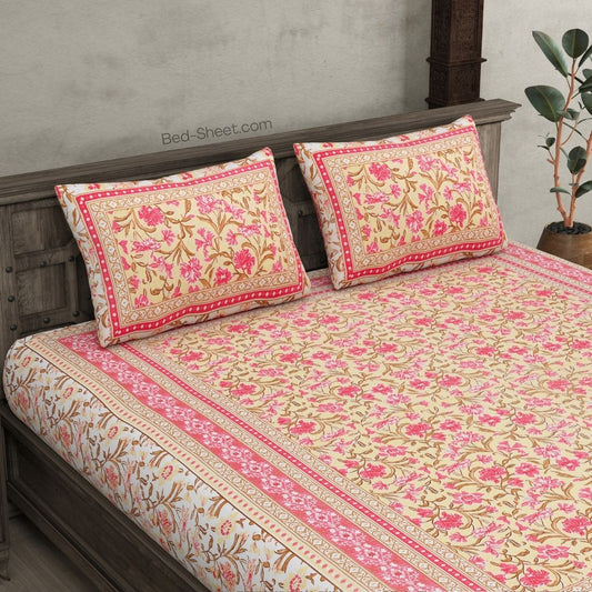 Soft Pink and Cream Leaves Printed Double Bed Sheet