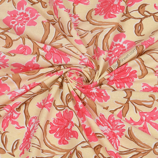 Soft Pink and Cream Leaves Printed Double Bed Sheet