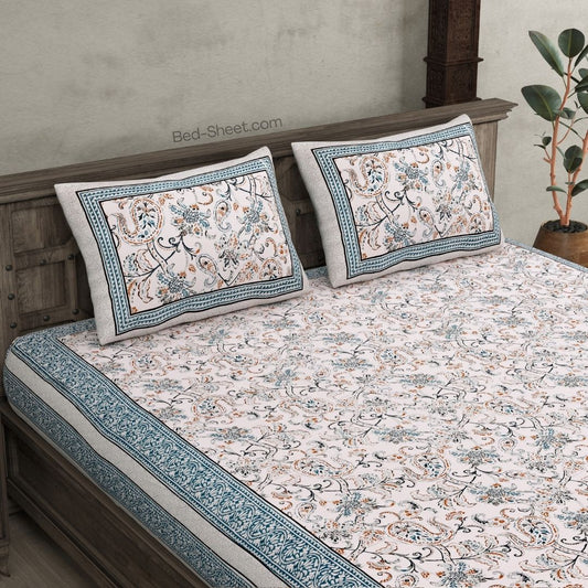 Classic Grey Border Paisley Design Cotton Jaipuri Bed Sheet