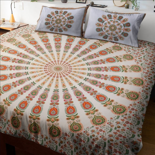 Mandala Khari Gold Print Double Bed Sheet with Orange and Green Accents