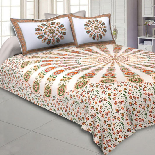 Mandala Khari Gold Print Double Bed Sheet with Orange and Green Accents