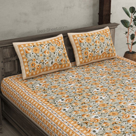 Festine Flower Yellow Cotton Double Bedsheet