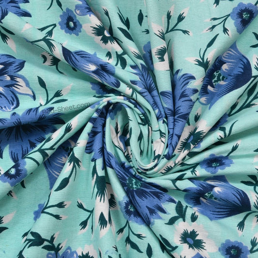 Cool Blue Festine Floral Cotton Double Bed Sheet