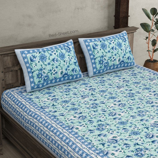 Cool Blue Festine Floral Cotton Double Bed Sheet