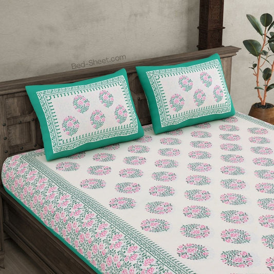 Green Double Bedsheet with Floral Curl Pattern