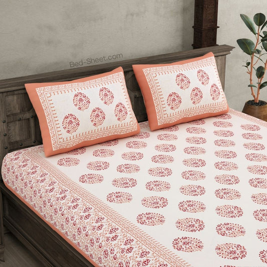 Peach Double Bedsheet with Floral Curl Design