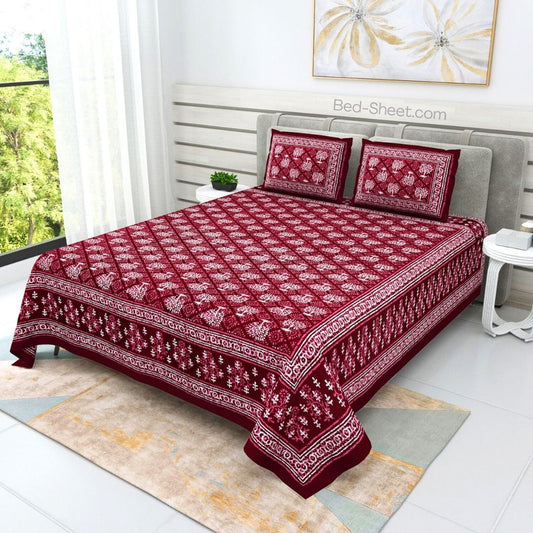 Maroon Printed Cotton Double Bedsheet