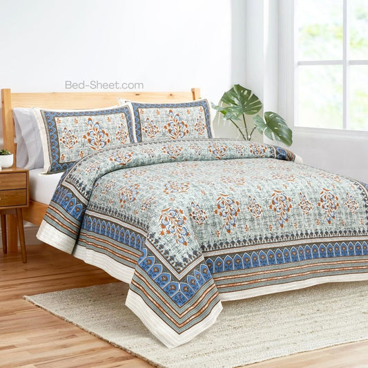 Blue Cotton Double Bedsheet with Simple Print