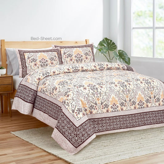 Jaipur Fabric Taupe Floral Pattern Double Bed Sheet