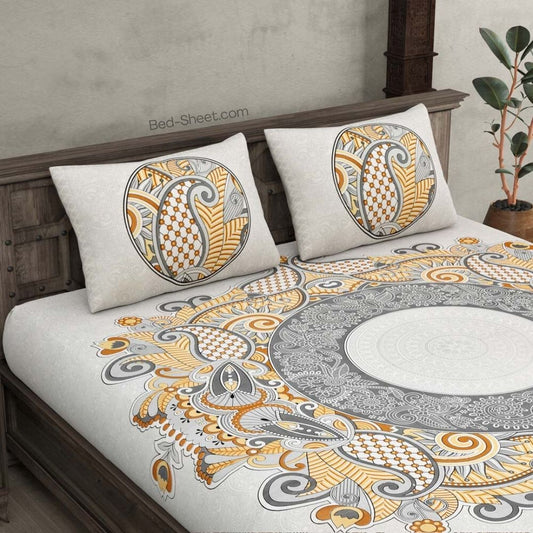 Cosmic Kolam Grey Design Double Bed Sheet for Modern Homes