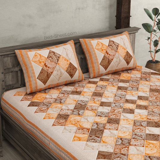 Rustic Orange Ethnic Tiles Cotton Double Bedsheet