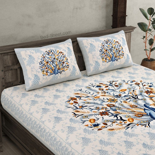 Dancing Peacock Blue Design Double Bedsheet in Pure Cotton