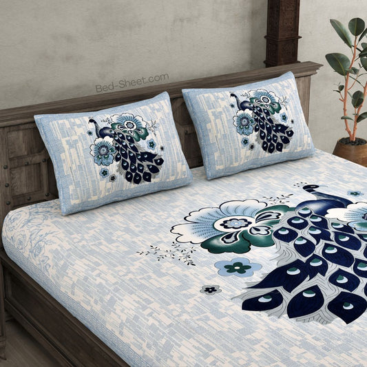 Peacock Sky Design Pure Cotton Double Bedsheet