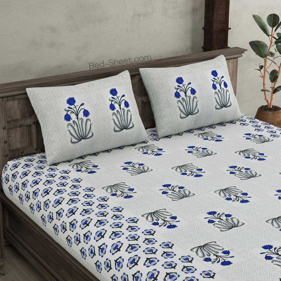 Floral Bliss Blue Pure Cotton Double Bedsheet