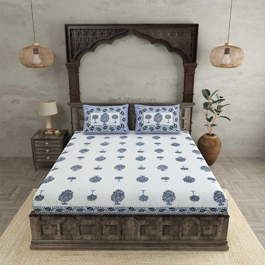 Forest Charm Blue Pure Cotton Double Bedsheet