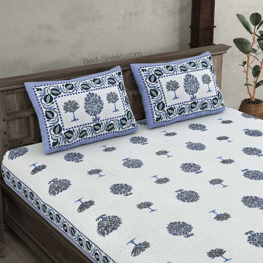 Forest Charm Blue Pure Cotton Double Bedsheet