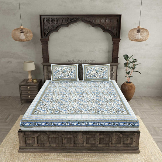 Spring Elegance Blue Pure Cotton Double Bedsheet