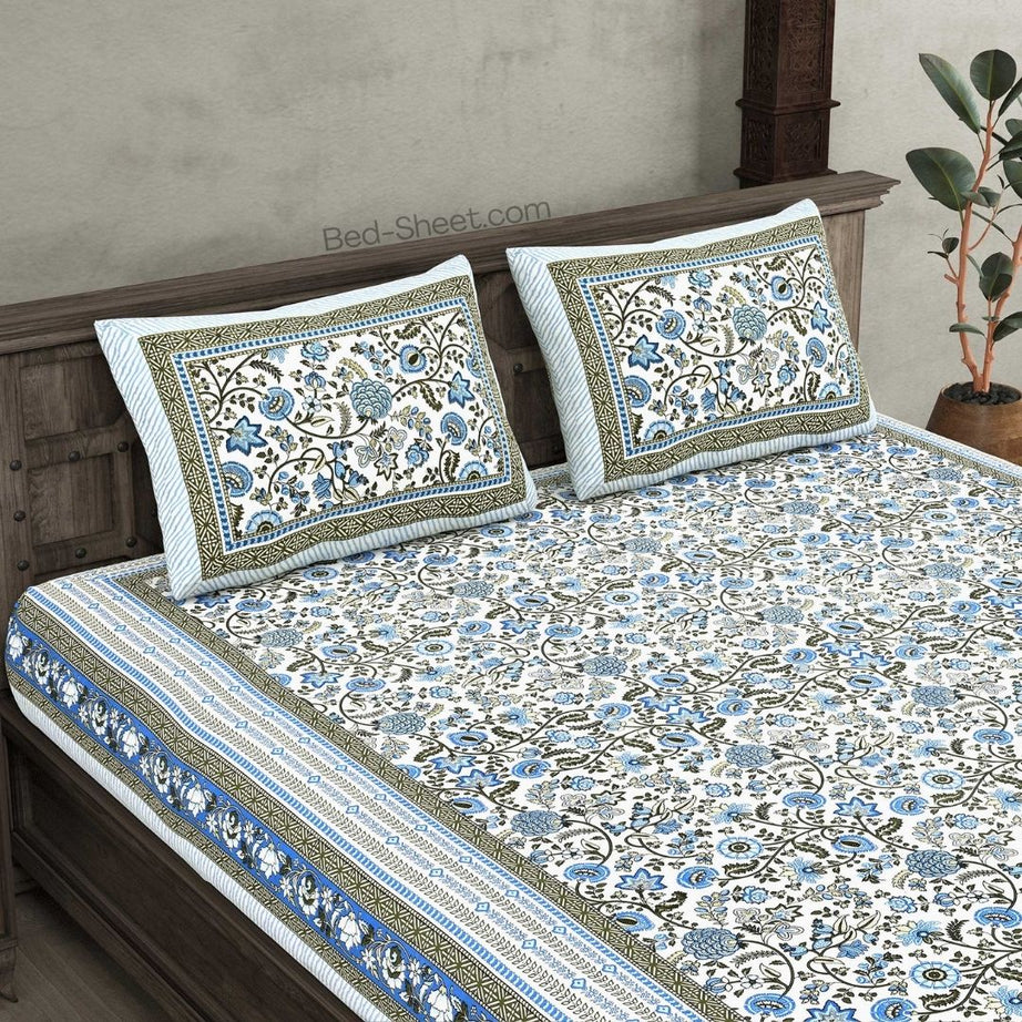 Spring Elegance Blue Pure Cotton Double Bedsheet