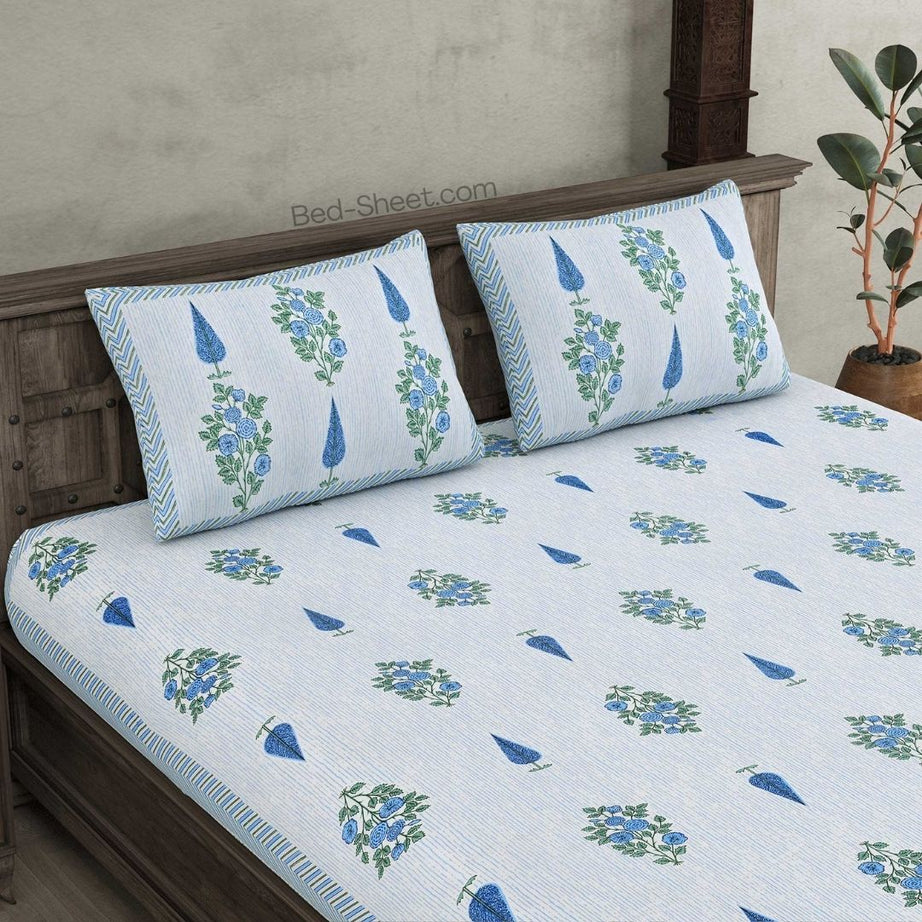 Deodar Charm Blue Pure Cotton Double Bedsheet