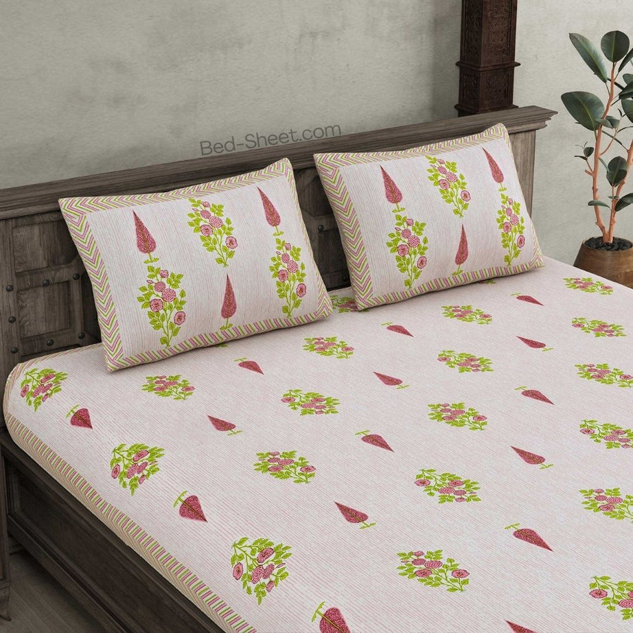 Deodar Charm Pink Pure Cotton Double Bedsheet