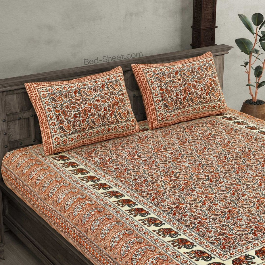 Paisley Elegance Peach Pure Cotton Double Bedsheet