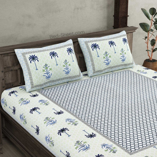 Bunaai Grace Blue Pure Cotton Double Bedsheet