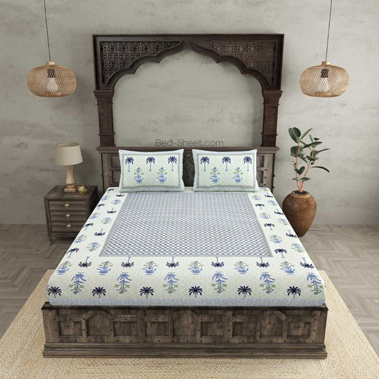 Bunaai Grace Blue Pure Cotton Double Bedsheet