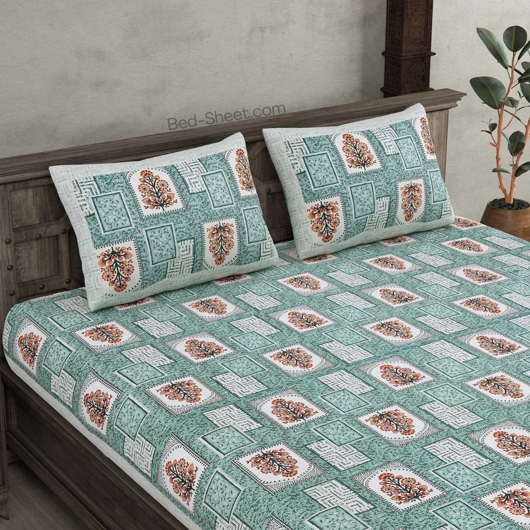 Jharoka Charm Green Pure Cotton Double Bedsheet